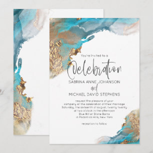 Wedding  Modern Abstract Aqua Gold Marble Invitation