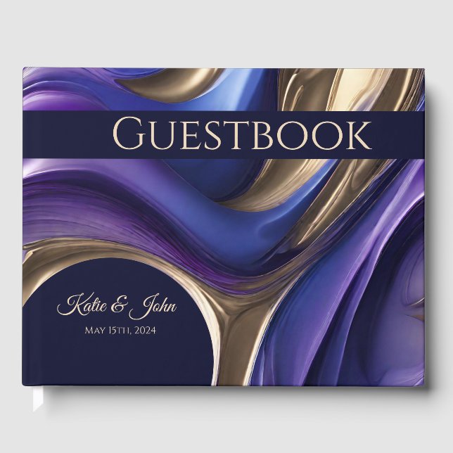 Wedding Modern Abstract-Blue Purple Gold- Guest Book (Front)