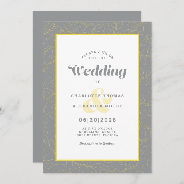 Wedding Modern Abstract Leaves Pattern Grey Yellow Invitation (Front/Back)