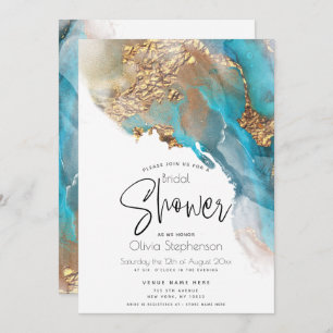 Wedding   Modern Abstract Teal Marbled Alcohol Ink Invitation