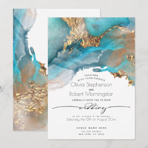 WEDDING    Modern Aqua and Gold Marbled Ink Invitation