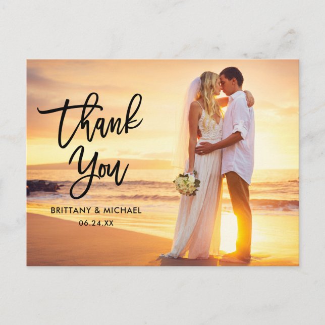 Wedding Modern Blk Brush Script Thank You Postcard (Front)