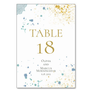 WEDDING Modern Blue and Gold Paint Splatters Table Number