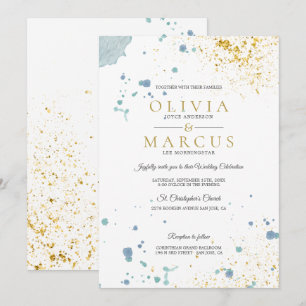 Wedding Modern Blue and Gold Watercolor Splatters Invitation