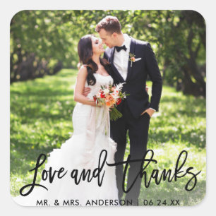 Wedding Modern Brush Script Love and Thanks Square Sticker
