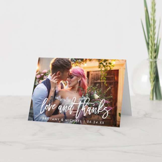 Wedding Modern Brush Script Love Thanks Fold Card (Front)