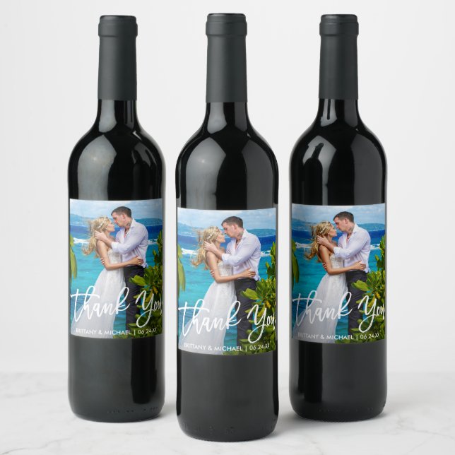Wedding Modern Brush Script Thank You Photo Wine Label (Bottles)