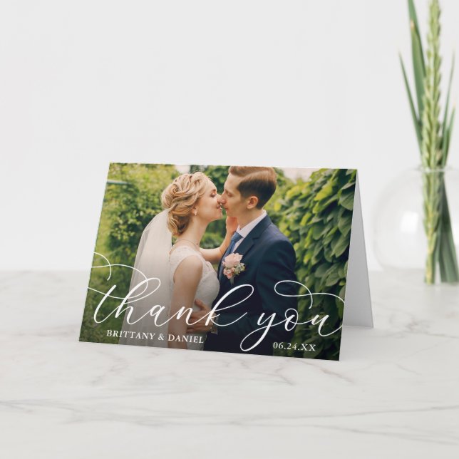 Wedding Modern Calligraphy Couple Photo Fold Thank You Card (Front)