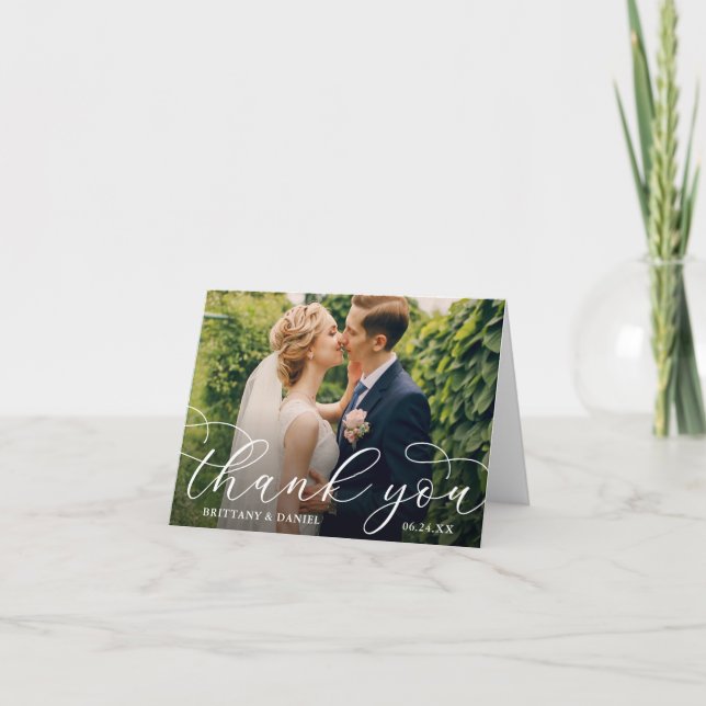 Wedding Modern Calligraphy Couple Photo Note Thank You Card (Front)
