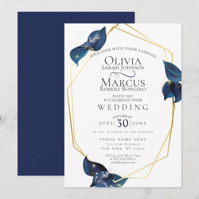 Wedding | Modern Deep Indigo Blue and Gold Invitation (Front/Back)