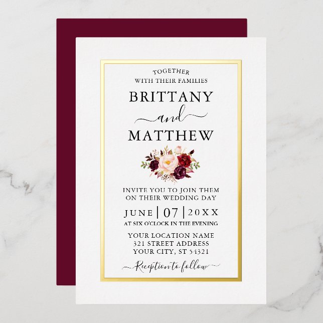 Wedding Modern Elegant Burgundy Floral Gold (Front/Back)