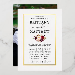 Wedding Modern Elegant Burgundy Floral Photo Gold