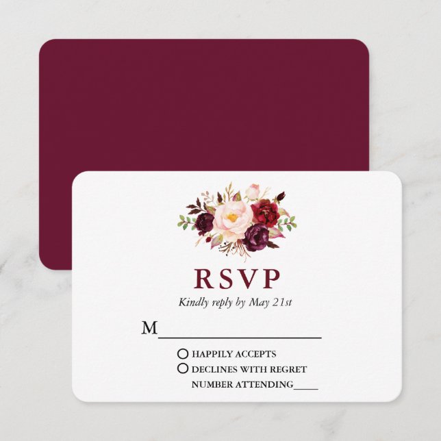 Wedding Modern Elegant Burgundy Floral RSVP Card (Front/Back)