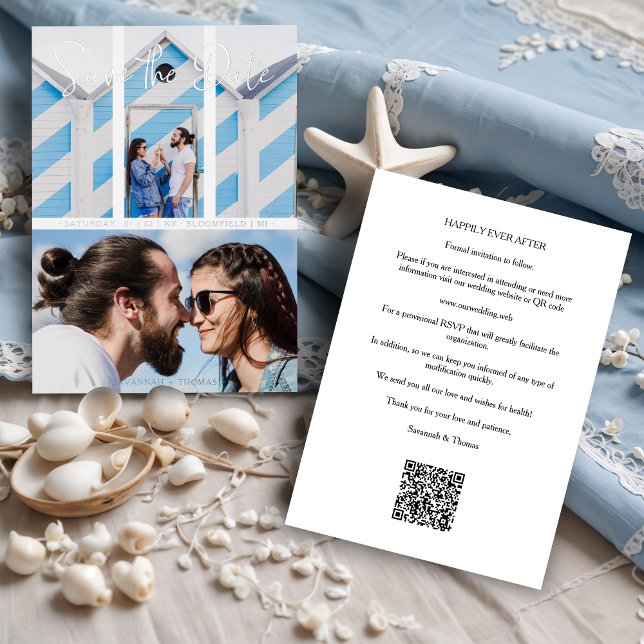 Wedding Modern Elegant Collage 2 Photos Couple (Wedding Modern Elegant Collage 2 Photos Couple Metallic Foil Save the Date Card with QR code. )