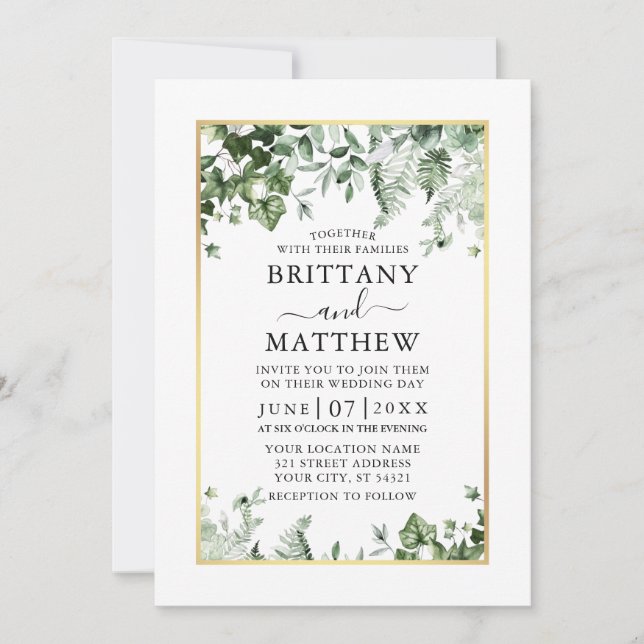 Wedding Modern Elegant Ivy Sage Greenery Gold Invitation (Front)