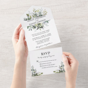 Wedding Modern Elegant Watercolor Greenery All In One Invitation