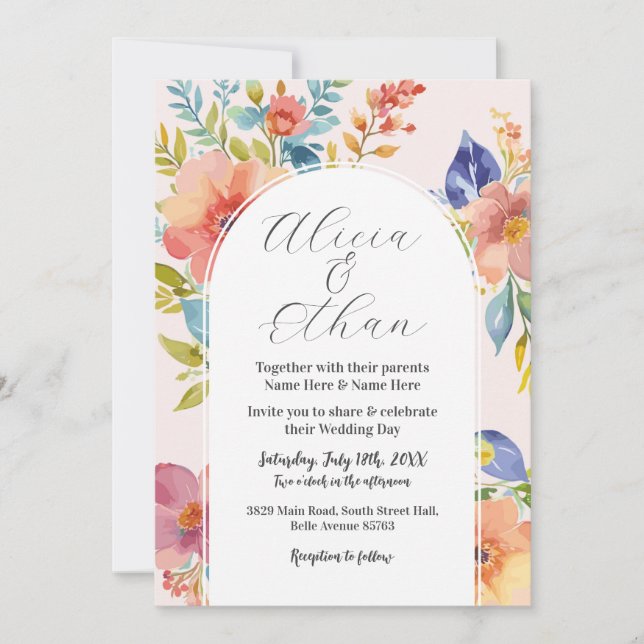 Wedding Modern Flowers Stylish Pink Invitation (Front)