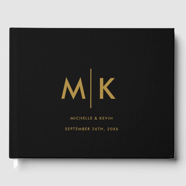 Wedding Modern Luxurious Monogram Black Gold Guest Book (Front)