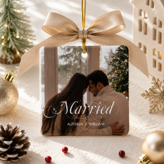Wedding Modern Minimal Elegant Photo Married Ceramic Ornament