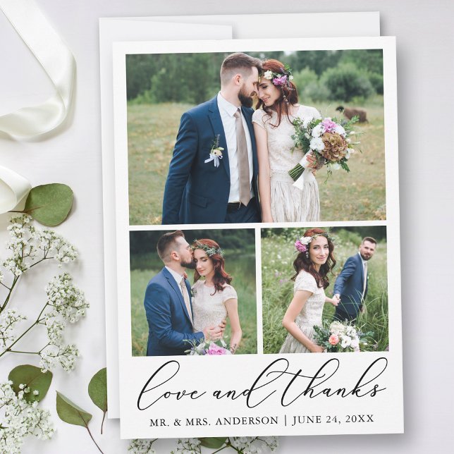 Wedding Modern Minimalist Calligraphy 3 Photo Love Thank You Card (Customize to add text or more photos to back of card.)