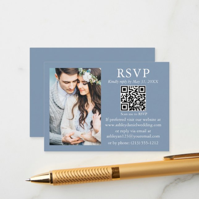 Wedding Modern Minimalist Photo Dusty Blue QR RSVP Enclosure Card (Front/Back In Situ)