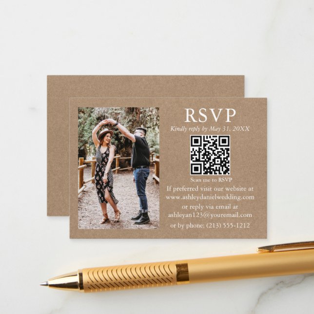 Wedding Modern Minimalist Photo Kraft QR RSVP Enclosure Card (Front/Back In Situ)