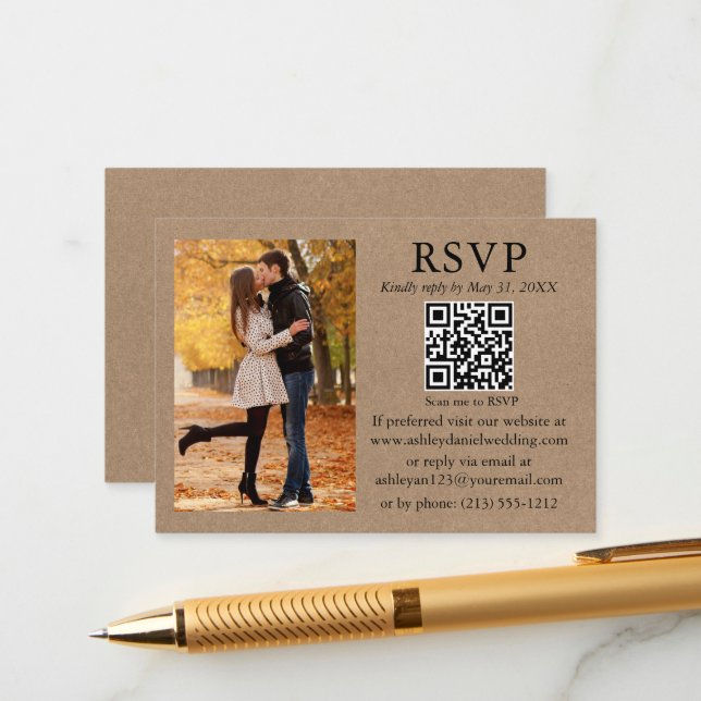 Wedding Modern Minimalist Photo Kraft QR RSVP Enclosure Card (Front/Back In Situ)