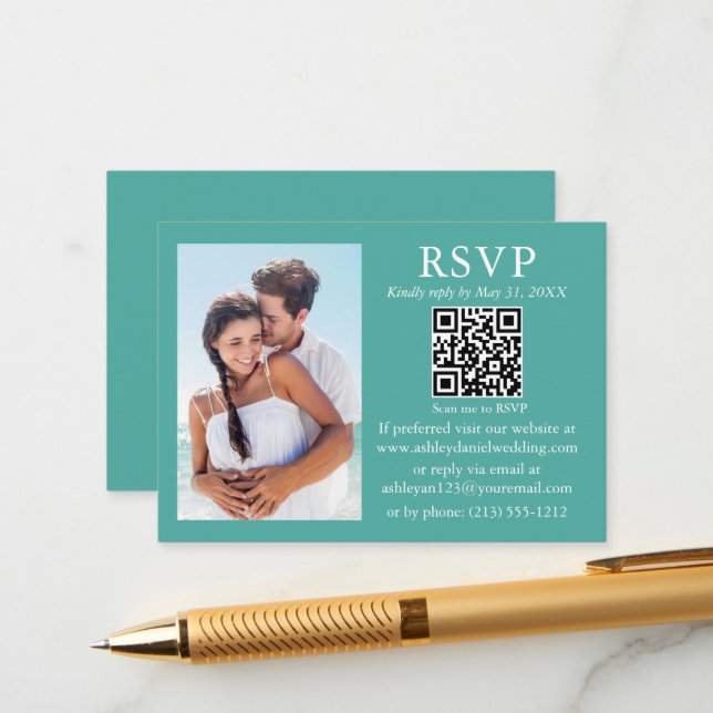 Wedding Modern Minimalist Photo Teal QR RSVP Enclosure Card (Front/Back In Situ)