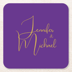 Wedding Modern Minimalist Plain Calligraphy Name Square Paper Coaster