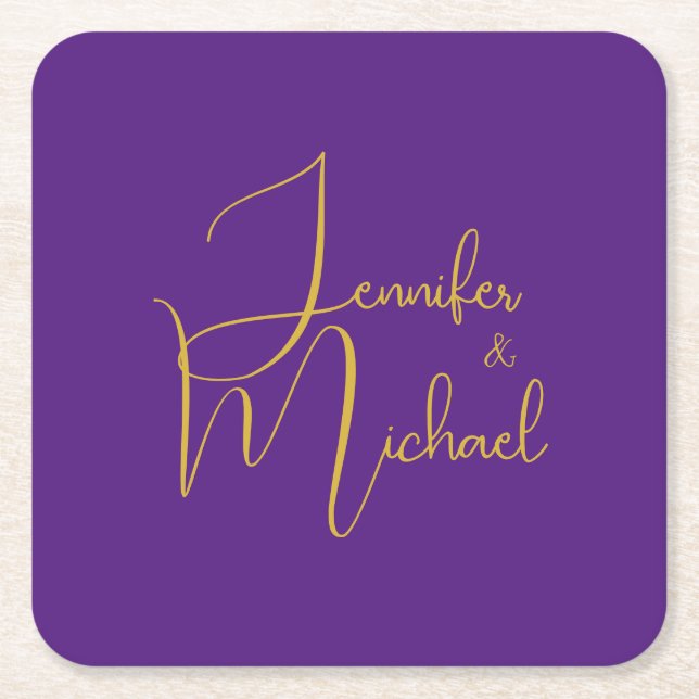 Wedding Modern Minimalist Plain Calligraphy Name Square Paper Coaster (Front)