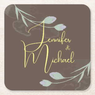 Wedding Modern Minimalist Plain Calligraphy Name Square Paper Coaster