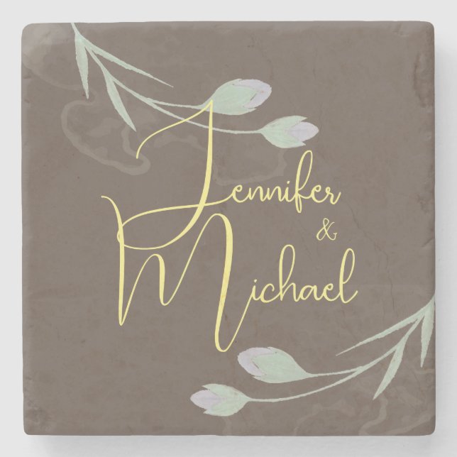 Wedding Modern Minimalist Plain Calligraphy Name Stone Coaster (Front)
