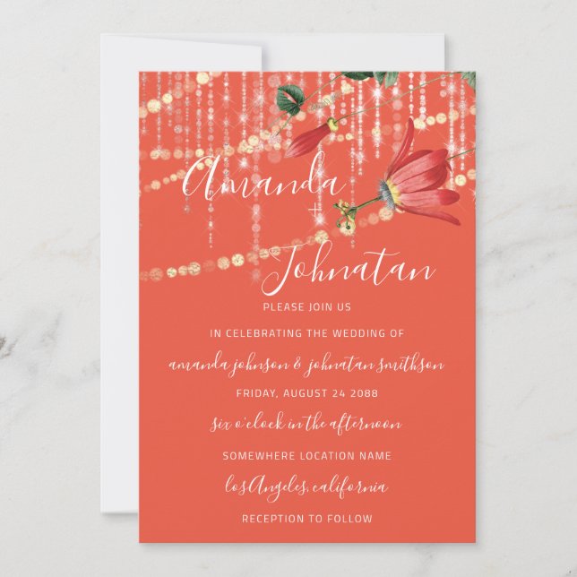 Wedding Modern Monogram Vivid Coral Lights Gold Invitation (Front)