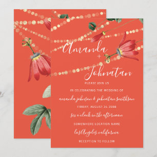 Wedding Modern Monogram Vivid Coral Lights Gold Invitation