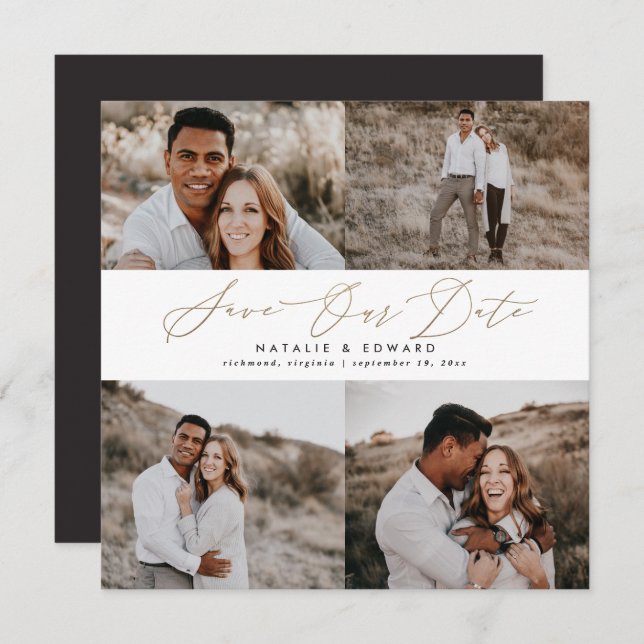 Wedding modern multi photo typography gold script save the date (Front/Back)