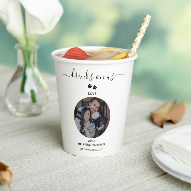 Wedding Modern Photo Couple Pet Dog Drinks on Us Paper Cups (Insitu)