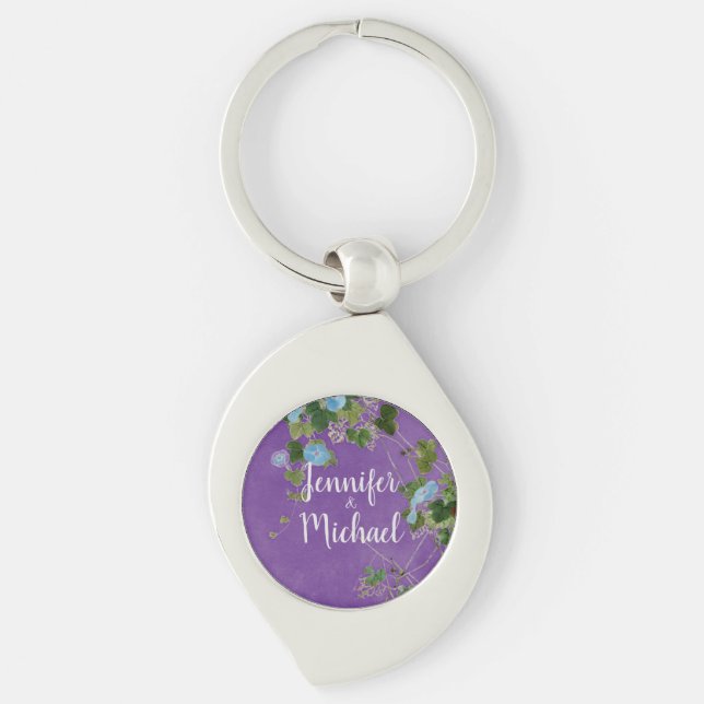 Wedding Modern Plain Calligraphy Name Floral Key Ring (Front)