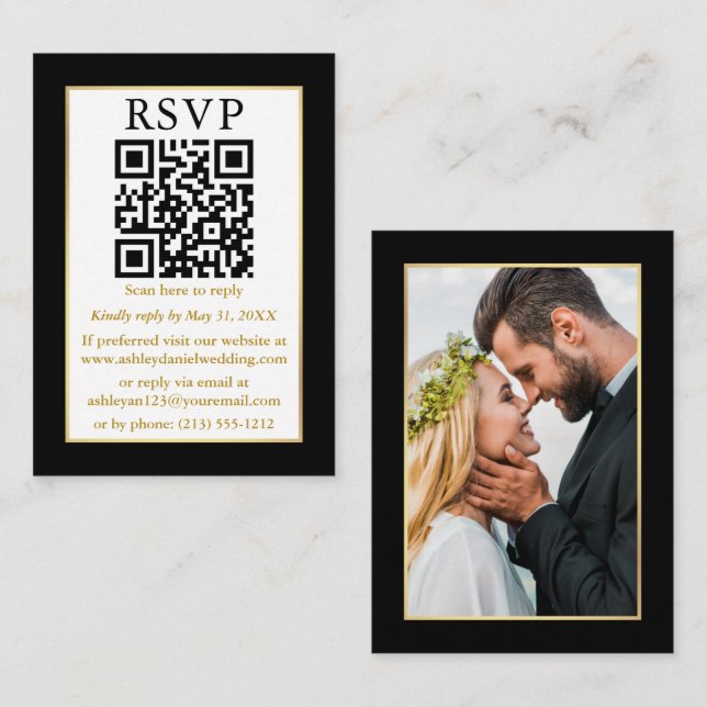Wedding Modern QR Photo Gold Frame Black QR Enclosure Card (Front/Back)