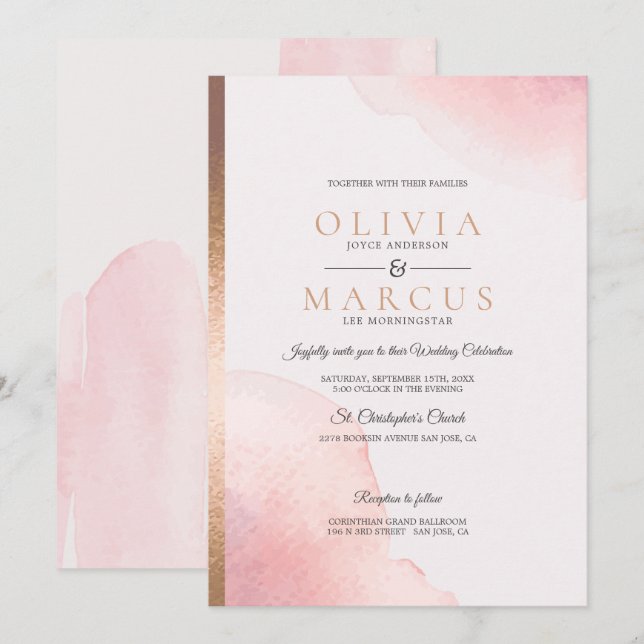 Wedding Modern Rose Pink Watercolor Splash Invitation (Front/Back)