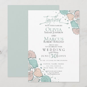 Wedding   Modern Seashells Coral Teal Green Invitation