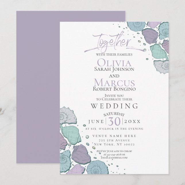 Wedding | Modern Seashells Violet Dusty Blue Invitation (Front/Back)