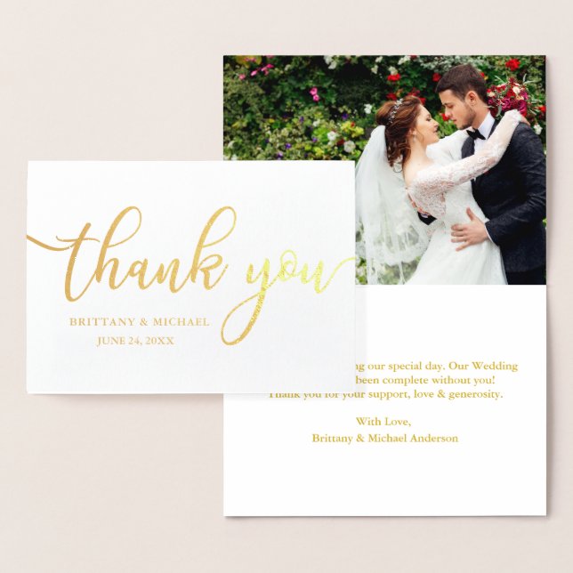 Wedding Modern Thank You Photo Gold Foil Card (Display)