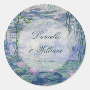 Wedding Monet Floral Water Lilies Elegant Script Classic Round Sticker