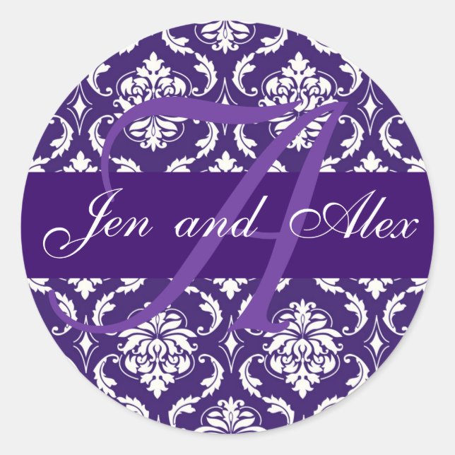 Wedding Monogram A Purple Damask Sticker (Front)