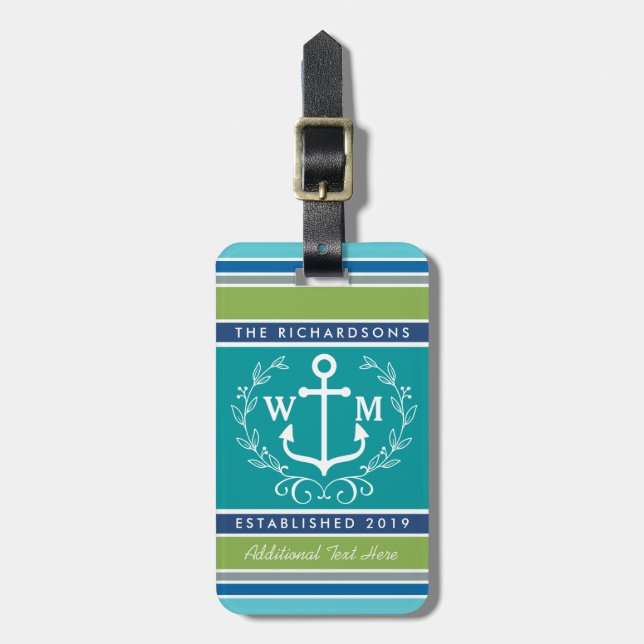 Wedding Monogram Anchor Laurel Wreath Aqua Stripes Luggage Tag (Front Vertical)