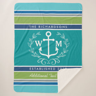 Wedding Monogram Anchor Laurel Wreath Aqua Stripes Sherpa Blanket