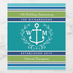 Wedding Monogram Anchor Laurel Wreath Aqua Stripes Wine Label