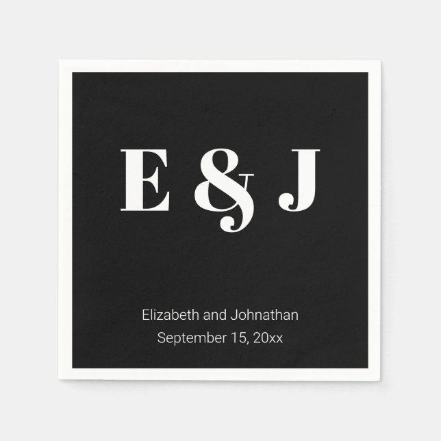 Wedding Monogram Black and White Bride Groom Names Napkin (Front)