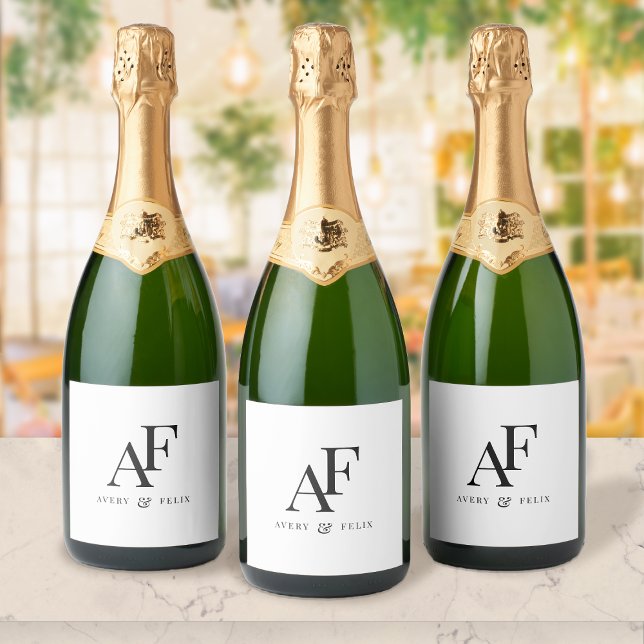 Wedding Monogram Black and White Elegant Simple Sparkling Wine Label (Creator Uploaded)