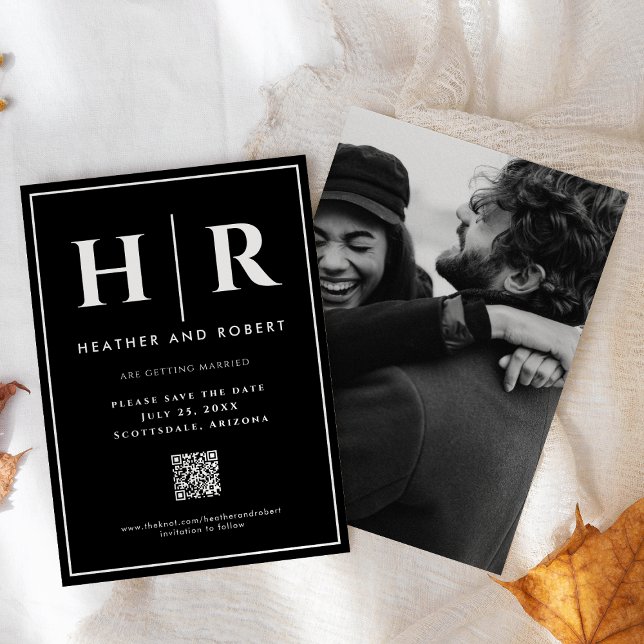 Wedding Monogram Black Chic Simple Modern QR Code Save The Date (Creator Uploaded)